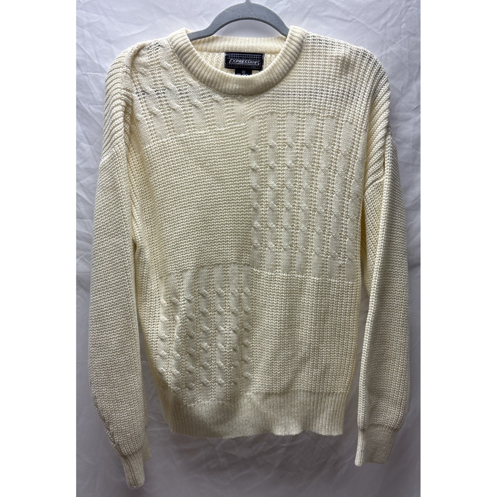 Vintage Expressions Sweater Womens M Cream Cable Knit Crewneck Cottagecore 90s